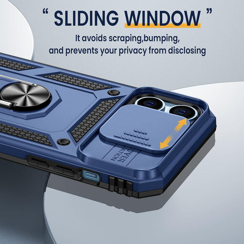 iPhone 13 Pro Max Case with Slide Camera Cover & 360° Rotate Ring Stand, Military Drop Protection, Blue