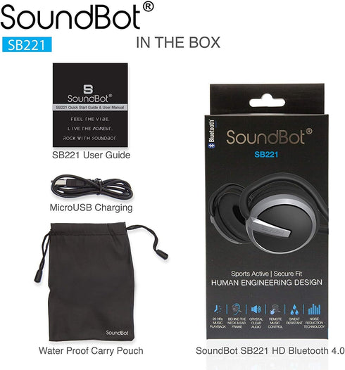 Soundbot SB221 Black Sports-Active Headphones: HD Wireless Bluetooth 4.0, 20Hrs Music, 25Hrs Calling, Sweat Resistant,