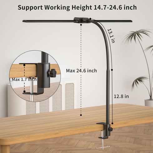 KableRika Double Head LED Desk Lamp with Clamp, Eye-Caring Desktop Office Lamp for Study and Reading