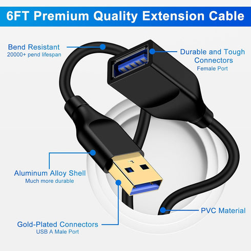 6FT Hub/Headset,High USB3.0 USB Extension Cable USB Male to Female Extender Cord for Keyboard/Mouse/Flash