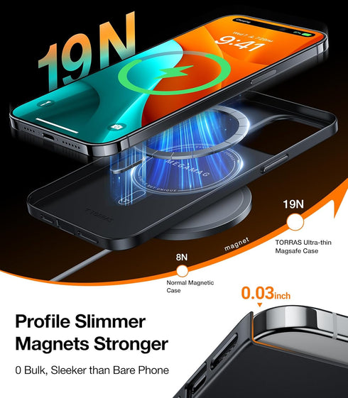 TORRAS Ultra-Thin Magnetic Slim-Fit Case for iPhone 15 Pro Max, Lightweight Anti-Scratch Matte Hard Case 6.7 inch, Black