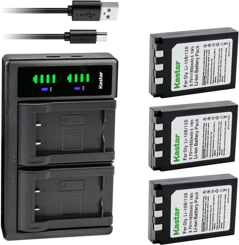 Kastar 3-Pack Li-10B Battery and LTD2 USB Charger for Olympus Camedia Cameras