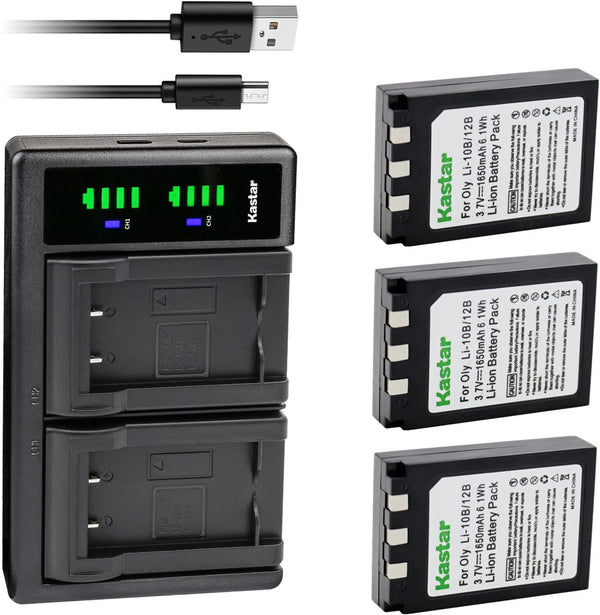 Kastar 3-Pack Li-10B Battery and LTD2 USB Charger for Olympus Camedia Cameras