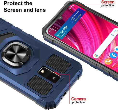 for BLU View 4 Phone Case with Tempered Glass Screen Protector,Military Grade Heavy Duty Shockproof Protective Cover,with Ring Kickstand Full-Body Protective for BLU View 4 (B135DL) (Navy)