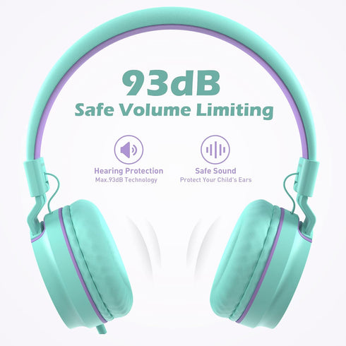 AILIHEN I35 Kids Headphones On-Ear for School, 93dB, 3.5mm Wired Mic for Chromebook, Laptop, Green/Purple
