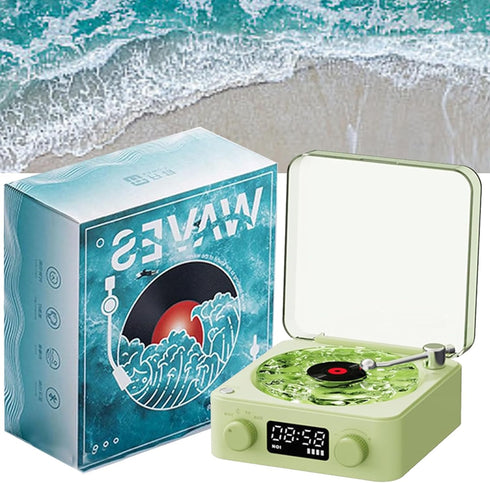 Retro-Style Wireless Waves Vinyl Bluetooth Speaker - Aqua Vinyl Player with Ambience Light and Clock for Bedroom