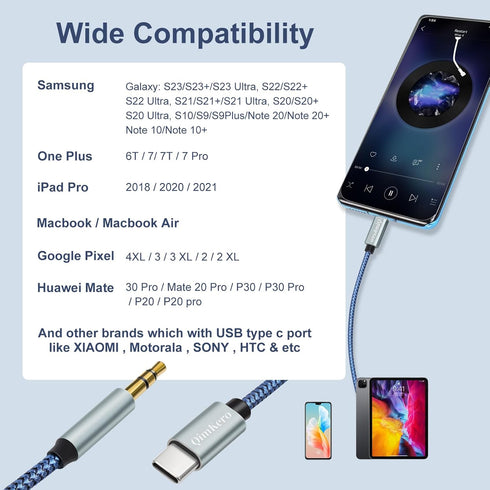 USB C to 3.5mm Audio Aux Jack Cable (4.3ft, 2-Pack) - Compatible with Samsung Galaxy S23, S22, S21, Note 20, Google
