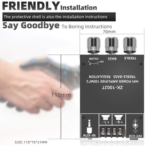 100W+100W Amplifier Board with Treble and Bass Control, DC 9-24V, BT and AUX Inputs, 2.0 Channel Stereo AMP Board
