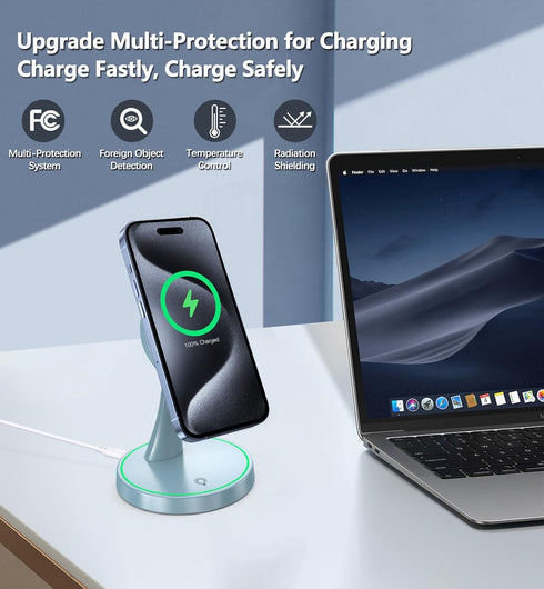 Magnetic Wireless Charger Stand 15W Fast Mag-Safe Charger for iPhone 15/14/13/12 Series with Sleep-Friendly Light for