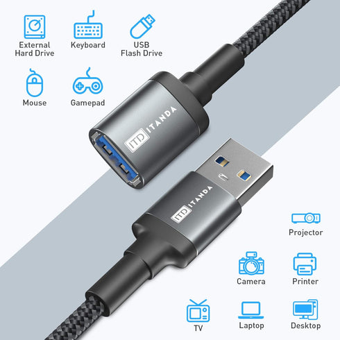ITD ITANDA 15FT USB 3.0 Extension Cable Type A Male to Female, 5Gbps for Keyboard, Mouse, Xbox, Printer, Camera (Grey)