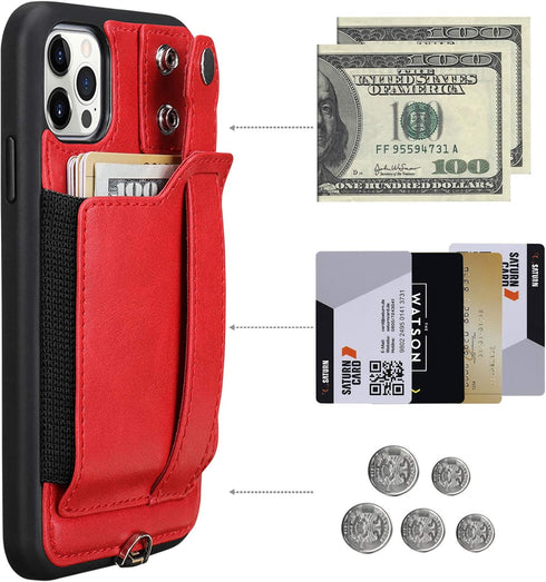 TOOVREN iPhone 12 Pro Max Case for Women and Girls, Card Holder Kickstand Adjustable Lanyard Neck Strap, Red