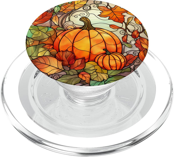 PopSockets PopGrip for MagSafe - Halloween Pumpkin Fall Leaves Round Stained Glass