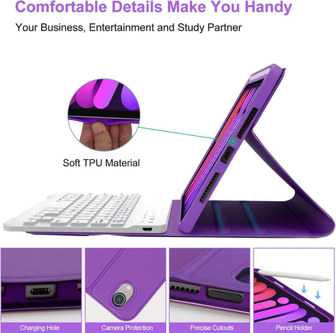 iPad Mini 6 Keyboard Case 2021: Boriyuan Detachable Wireless Bluetooth Keyboard Slim Folio Smart Cover, Purple