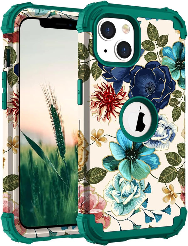 Hocase iPhone 14/13 Case - Heavy Duty Shockproof Protection, Soft Silicone & Hard Plastic Bumpers, Teal Flowers (6.1")