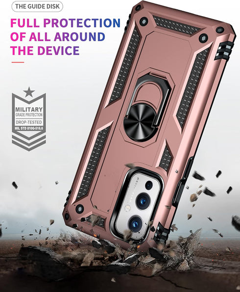 Military Grade Shockproof Case for Oneplus 9 5G, Armor Heavy Duty with 360 Metal Rotating Ring Kickstand (Rose Gold)