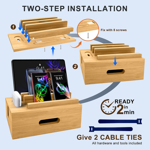 Osmudax Bamboo Charging Station for Multiple Devices, Cable Management Box for Power Strip, USB Charger & USB Charging