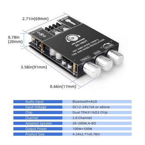 ZK-1002T 2.0 100W+100W TPA3116 Channel Bluetooth Amplifier Board Hi-Fi Stereo Amp with Antenna, Bluetooth and AUX Input