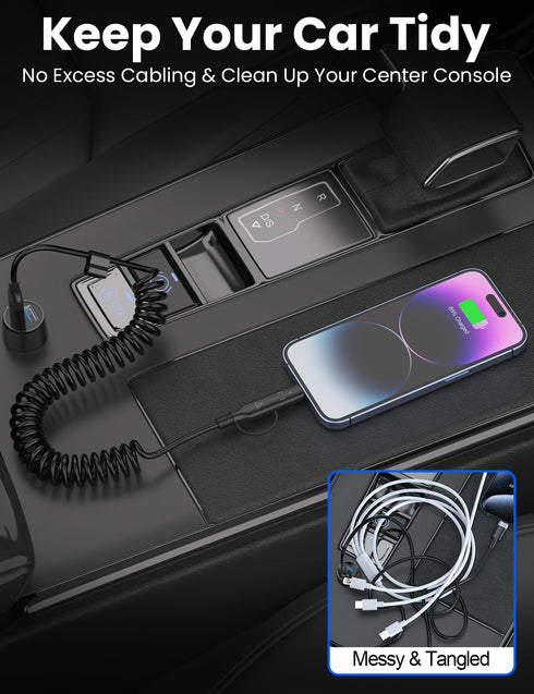 Coiled USB C Cable, 3FT 2 in 1 iPhone 15 Car Charger Cord, 60W Fast Charging for iPhone 15/15 Pro/Samsung Galaxy