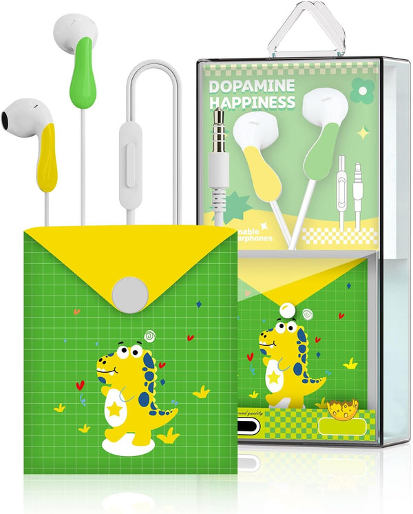 QearFun Dinosaur Style Earbuds for Kids, Wired Heavy Bass Headphones with Microphone, Noise Isolating Gifts for School