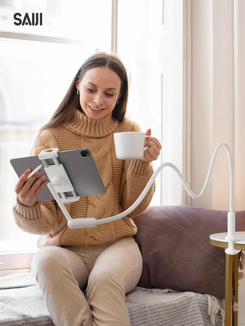SAIJI 47" 4.7-13" Gooseneck Tablet Holder for Bed, One-Hand Adjustable, Length, Upgraded Base, iPad Holder Stand