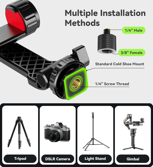 YZNT 2 1/4" 360Rotation 180Tilt Phone Tripod Mount, Universal Smartphone Holder with Cold Shoe Mount Adapter