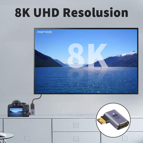 Poyiccot Mini HDMI to HDMI Adapter 8K, 90 Degree Mini-HDMI 2.1 Converter with 48Gbps Compatibility