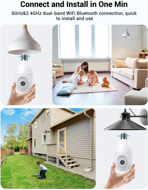 Light Bulb Security Camera, Wireless Outdoor Indoor, 5G&2.4G WiFi, AI Human Detection, Color Night Vision
