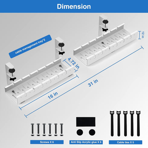 No Drilling Extendable Under Desk Cable Management Tray with Clamp, Retractable Power Strip Holder 31Inch (White)