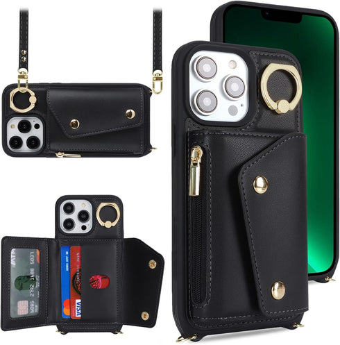 for iPhone 12 Pro Max Case with Card Holder and Strap - Zipper Pocket,Crossbody Lanyard Strap,Credit Card Holder,Stand Ring,Cute Phone Wallet Case for Women(Black,6.7 Inch)