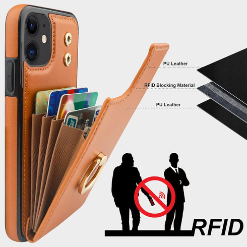 Folosu iPhone 11 Case Wallet with Card Holder, 360°Rotation Finger Ring Holder, Shockproof PU Leather Cover, Brown