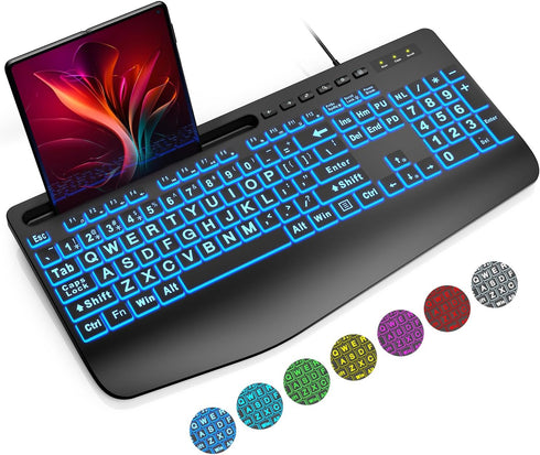 SABLUTE Large Print Backlit Computer Keyboards, Wired USB with 7-Color Backlit, Wrist Rest for Easy Typing