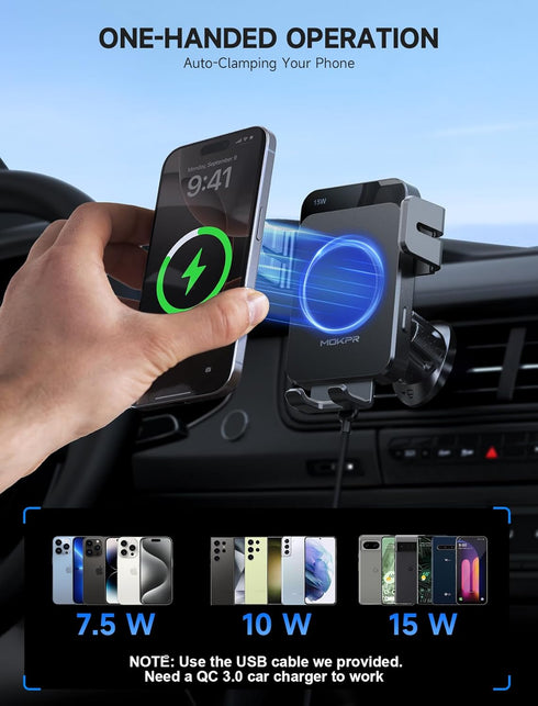 MOKPR 15W 16 15 14/13/13 Pro/12 pro/12/11/X/8, S24/S23/S22 Wireless Car Charger, Auto Clamping Car Charger Dash