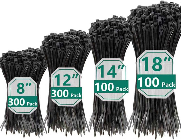 MasiStranth 800 PCS Black Zip Ties Assorted Sizes 8+12+14+18 Inch Self-locking Nylon Cable
