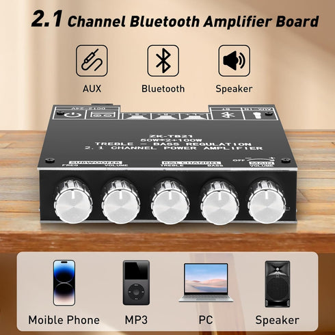 ZK-TB21 Bluetooth Amplifier Board, 50W+50W+100W 2.1 Channel Subwoofer Amp Board with Treble and Bass Control