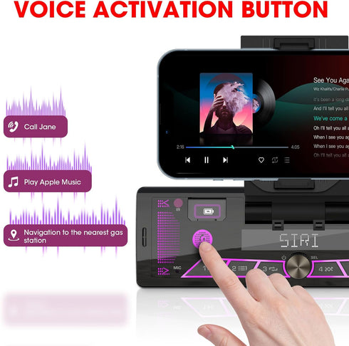 Single-Din Stereo with Car Phone Holder, Bluetooth Car Radio, Push to Talk Assistant, Multi Color LCD AM FM Tuner, AUX