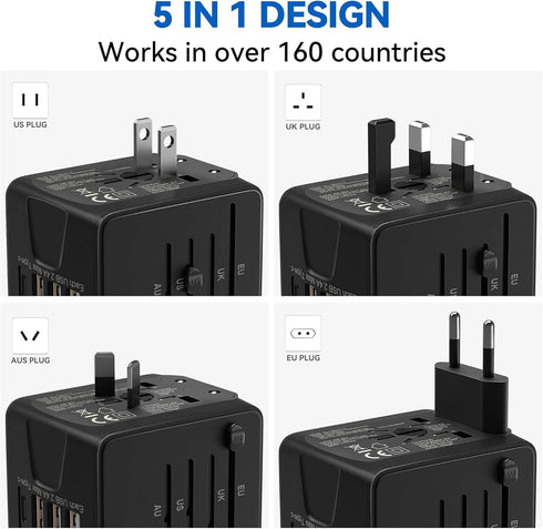 Unidapt International Travel Adapter - Universal Power Adapter Worldwide with 3 USB-A, 1 Type-C for Travel