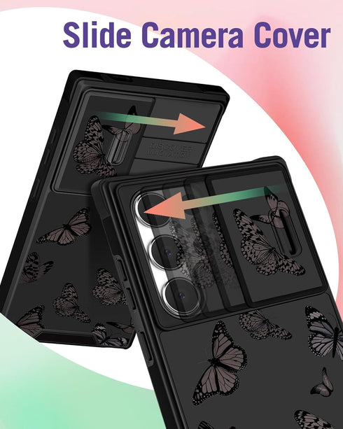 Samsung Galaxy S24 Ultra Case for Women, Cute Black Butterfly Design, Compatible with MagSafe, Camera Cover, 2in1