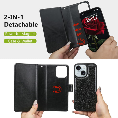 Varikke 13 13 6.1", for iPhone Wallet Case Detachable with Card Holder for Women Girls, Fashion Glitter PU Leather