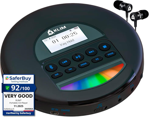 KLIM Nomad - Portable CD Player with Long-Lasting Battery - with Headphones -