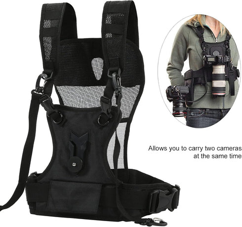 Dual Camera Strap, Adjustable Multi Carrying Harness with Side Holster & Secure Strap, Breathable Comfortable Double