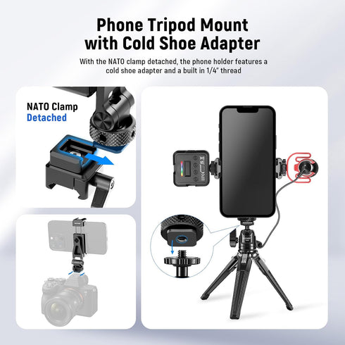 Neewer Metal Phone Tripod Mount with Cold Shoe & NATO Clamp for DJI RS4 RS3 Pro RS2 RSC2 Gimbal Stabilizer, 180° Tilt