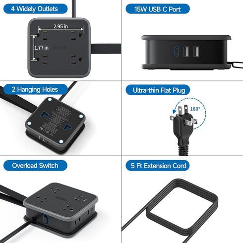 NTONPOWER 2 Prong Power Strip, 2 to 3 Prong Outlet Adapter, 5 ft Extension Cord, 8 Outlets, 3 USB, Wall Mount