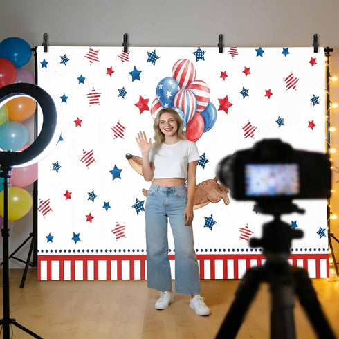 Generic 12 8 Independence Day Photo Backdrop for Photoshoot, x FT Flag Day Sausage Dog Blue Red Star Balloon Photo