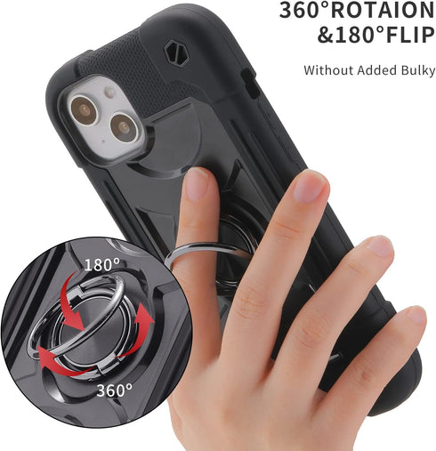 iPhone 14 Plus Case 6.7" - Heavy-Duty Rugged Cover (Black) with Ring Stand, 2 Glass Screen Protectors & 1 Camera Lens