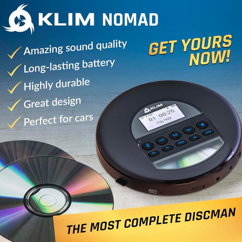 KLIM MP3 Nomad - Portable CD Player with Long-Lasting Battery - with Headphones - Radio FM - Compatible CD Player