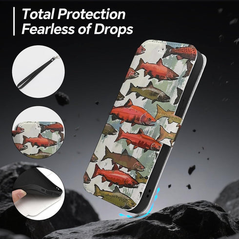 ZHANLEI 15, Salmon Printed Phone Wallet Case for iPhone PU Leather Flip Phone Cases Cover with Card Slots and Wrist