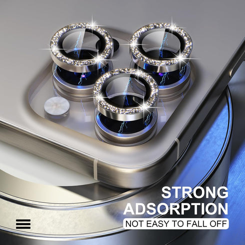 Choiche 9H Tempered Glass Camera Lens Protector for iPhone 15 Pro/Pro Max, Glitter-Titanium with Metal Ring Decoration.