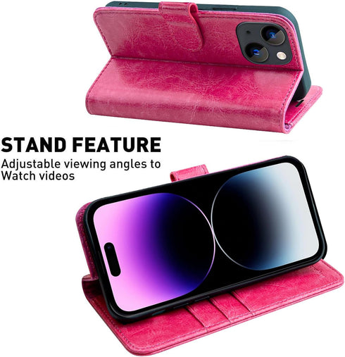 MONASAY Wallet Case for iPhone 15 5G, 6.1-inch, Flip Folio Leather Cover with Credit Card Holder, Hot-Pink [Glass