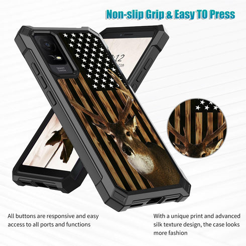 Shop TCL ION X & ION V Case with Glass Screen Protector, Heavy Duty Rugged PC & TPU Bumper, American Flag Deer Design.