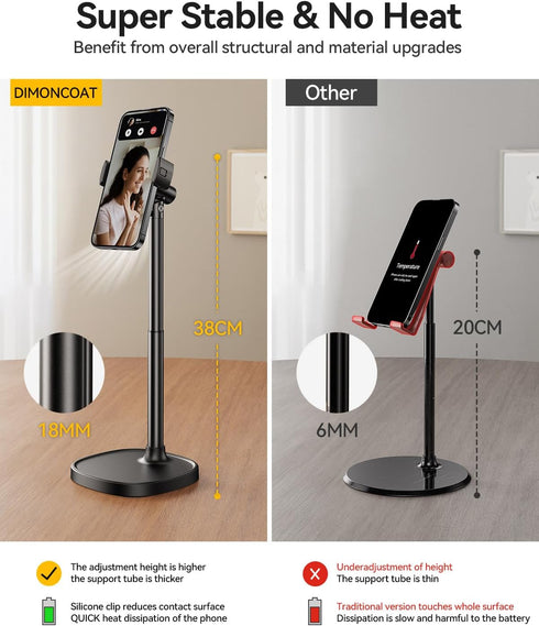 DIMONCOAT Cell Phone Stand for Desk, Angle Height Adjustable Phone Holder, Aluminum Alloy Universal Stand for iPhone 15